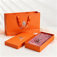 Custom Luxury Gold Foil Matte Laminated Paper Bag Logo Large Medium Orange Sturdy Jewelry Gift Box and Paper Bag Packaging Set