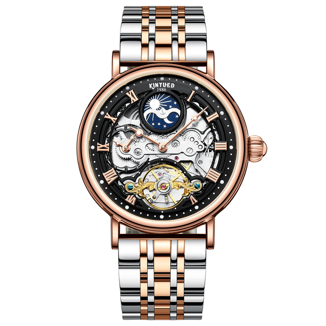 KINYUED J117 Mechanical Watch Stainless Steel Band Waterproof Watch for Men Tourbillon Hollow Luxury Business Male Wristwatch
