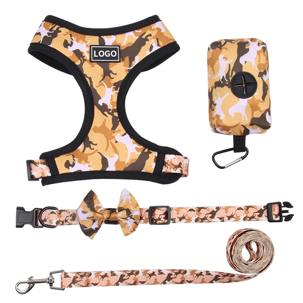 Personalized Yellow Camouflage Pet Collar Leash Set With Bowtie Reflective Lightweight Printing Dog Harness Collar Leash Set