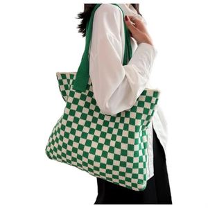 Bolso de Mano Tejido Resistente y Popular para Mujer, Bolso de Hombro a Cuadros de Ganchillo, Bolso Tote para Viaje - Product Image 1