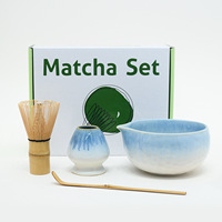 Bol à matcha avec support pour fouet, en céramique bleu dégradé, avec bec verseur, fouet traditionnel japonais et cuillère, kit de préparation du thé