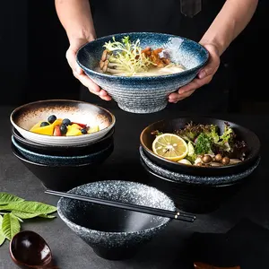 Japanse Rustieke Stijl 7/8 /9 Inch Zwart Keramische Ronde Kom Restaurant Steengoed Ramen Noddle Kom