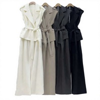 Robe blazer sans manches en crêpe pour femme avec ceinture, coupe droite longue, couleur unie, col en V, formelle, printemps, anti-boulochage