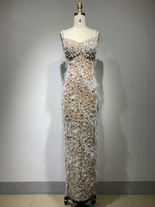 NOVANCE האחרון מוצר אלגנטי לבן פניני ביריות ארוך photoshot תחרות שמלת ללא משענת פעיל ללבוש לערב המפלגה - Product Image 3