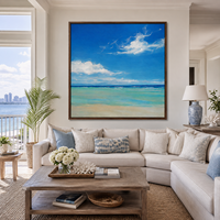 Toile murale artisanale en bois Paysage marin turquoise Ciel bleu Océan Paysage côtier serein Décoration murale pour hôtel, villa, salon