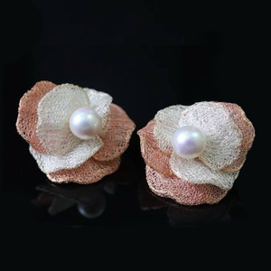 Handmade Lace Floral Pearl Dangle <b>Earrings</b>, USA Imported 14K Gold Filled Italian Lace Craft Natural Edison Freshwater pearl - Product Image 2