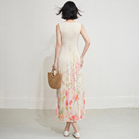 Robe longue plissée Miyake pour femme, coupe trapèze, sans manches, avec corsage uni et imprimé floral aquarelle chic, personnalisable OEM
