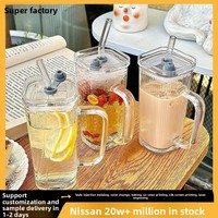 Nouvelle Tasse Carrée Tendance avec Poignée en Verre Sodocalcique, Gobelet Anti-fuite pour Eau, Jus et Boissons Froides, avec Paille Intégrée pour Usage Domestique