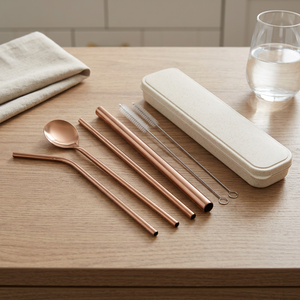 Reusable <b>Metal</b> Drinking <b>Straws</b> Set 4 Pack Rose Gold Minimalist Cocktail Bar Accessories with Cleaning Brush and Carry Case - Product Image 3