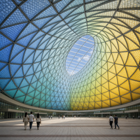 Dôme ETFE en forme d'œuf, coque en grille triangulaire, coussin arc-en-ciel dégradé, lucarne personnalisée pour centre commercial