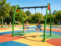 Ensemble de balançoires double d'extérieur robuste en acier galvanisé, modèle Arc A vert, pour enfants, jardin et parc, vente en gros