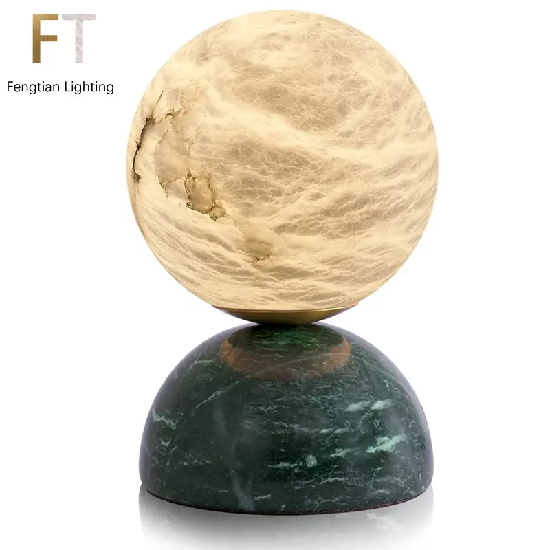 Lampu Meja Dunia Batu Alabaster Alami Buatan Tangan dengan Dudukan Marmer 15Cm Lampu Malam Bulan Modern LED Mini