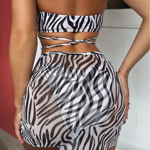 4Colors Zebra Print 3Pieces Swimsuit Ties Details Brazilian Bikini <b>Beach</b> Skirt Cover Ups - Product Image 5
