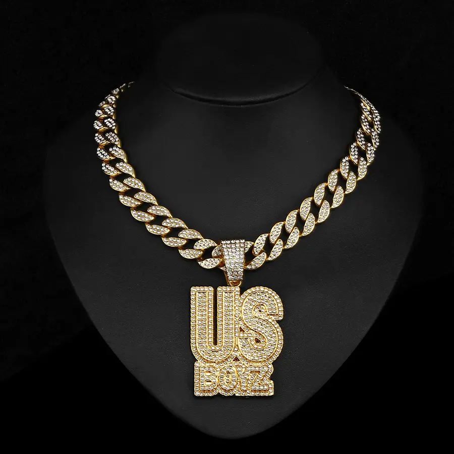 Iced Out Hip Hop Custom Big Letter Name US BOYZ Pendant CZ Letter Necklace With Cuban Chain Rapper Jewelry