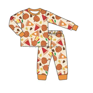 Wholesale Baby Thanksgiving Jogging Suits 2024 Fashion Outfit For Girls Turkey Hand Print Long Sleeve Kids Sleepwear Pajamas Set