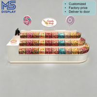 Vitrine de présentation de bonbons en vrac incurvée sur mesure, kiosque de confiserie en bois avec éclairage LED, comptoir de caisse pour magasin de sucreries