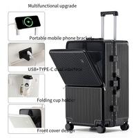 Valise cabine à ouverture frontale en ABS et PC avec cadre en aluminium, roues multidirectionnelles, support téléphone USB Type-C et porte-gobelet pour le voyage
