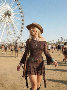 Custom <strong>Plus</strong> <strong>Size</strong> Brown Lace One Shoulder Mini Dress Tiered Ruffle Bell Sleeve Sexy Bodycon Western Cowgirl Cottagecore Summer - Product Image 1