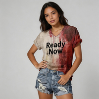 T-shirt personnalisé à col en V et manches courtes, imprimé, coupe ample, tricoté, effet vieilli, motif éclaboussures de peinture et texte graphique, pour tenue décontractée