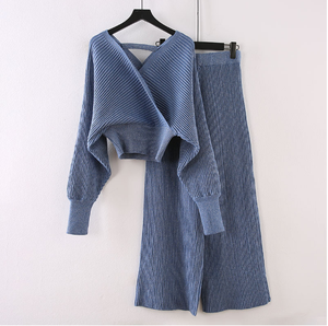 Conjunto de 2 piezas de Jersey de punto para mujer, jersey con manga farol en la parte trasera abierta, cuello en V, Color sólido, moda de otoño - Product Image 4