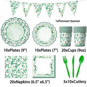 Ensemble de fournitures de fête à thème feuilles d'eucalyptus, 80-100 pièces, vaisselle en plastique, décorations d'anniversaire, thème vert sauge - Product Image 2