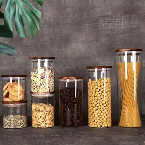 竹と木製の蓋気密丸型食品貯蔵ガラス瓶パスタガラス容器シリコンリング蓋付き