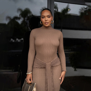 High Neck Long Sleeve Maxi Dress With Ruched <b>Wrap</b> Tie Waist Slim Fit Evening Dress Full Length Comfortable <b>Stretch</b> Fabric - Product Image 4