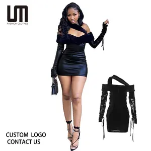 Liu Ming Valentines Day Gift 2024 Streetwear PU Leather Black Slim Fit One Shoulder Slash Neck Mini Dress For Women