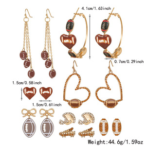 Heart-Shaped Football Stud Earrings With <b>Chain</b> Dangles For Women Sports Fashion Jewelry Set 8-Pair Pack - Product Image 2