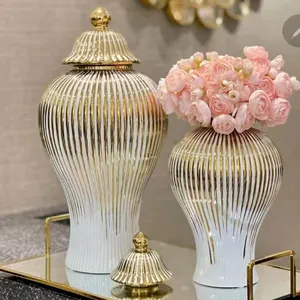 Vaso de pote de gengibre personalizado, vaso decorativo branco e dourado com tampa para flores
