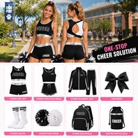 Ensemble de soutien-gorge et short de cheerleading personnalisé noir et blanc avec logo en strass et dos croisé à découpe en goutte d'eau pour l'entraînement