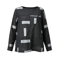 Chemisier Femme Personnalisé à Manches Longues – Fabricant OEM – Noir et Gris – Patchwork Géométrique Désstructuré – Vente en Gros Décontractée