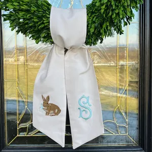 パーソナライズされたウサギのドアの装飾イースターバニーイースターバスケットボウギンガムホワイトブランクリースサッシ