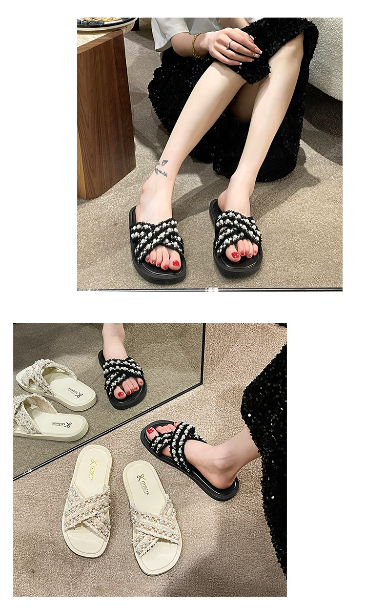 Large Size Cross Slippers Women Fashion Shoes 2023 Girls Pearl Thick Sole Sandals