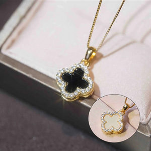 Double Sided Four Leaf Clover Necklace Zinc Alloy Bezel Setting Flower Shape Gift For Women Clavicle Chain Fashion Jewelry - Product Image 1