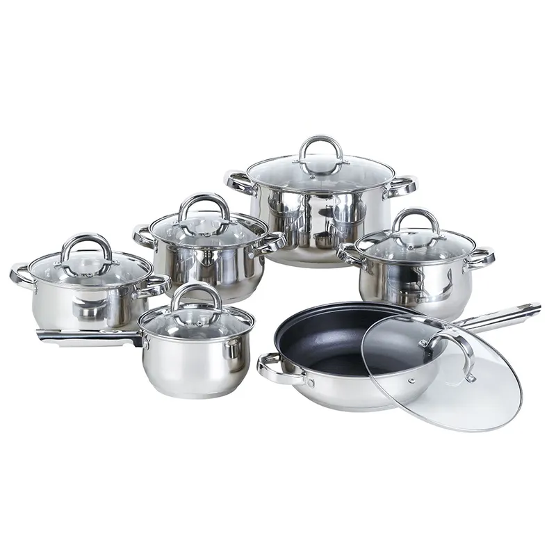 12 PCS Cooking Pots and Pans Frying Pan Sauce Pan Stock Pot Stainless Steel Cookware Set