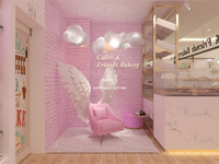 Design moderne de boutique de desserts sucrés personnalisée, design décoratif rose, comptoir de boulangerie en marbre blanc, design d'intérieur de boutique de pâtisserie