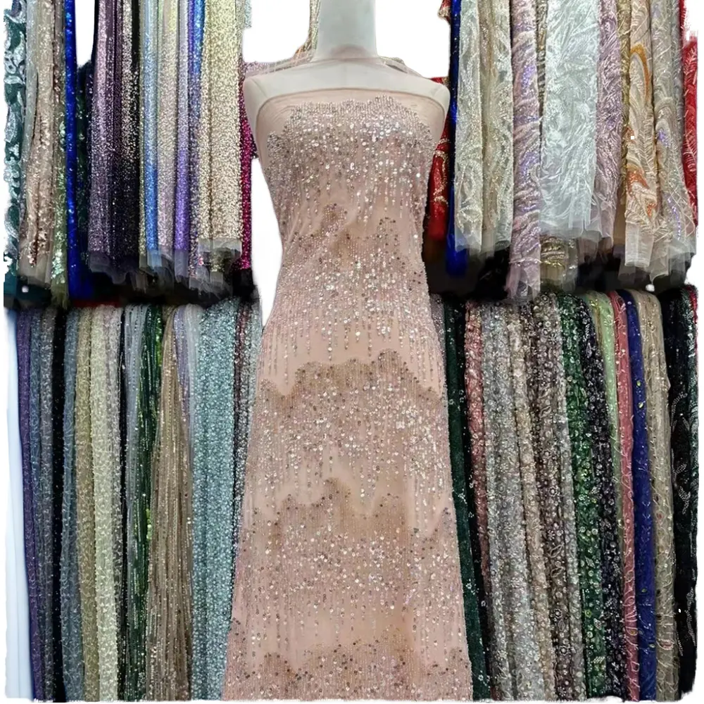 Produtos em promoção em estoque, tecido de renda bordado para vestido, lindas lantejoulas de luxo em muitas cores