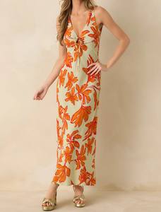 Vestido Maxi con Tirantes Finos, Estampado Floral Verde y Naranja, Hecho a Mano, Transpirable, Lavable, para Uso Diario en Verano, con Abertura en la Espalda - Product Image 3