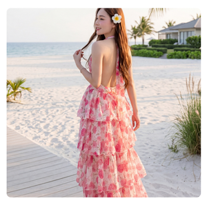 Robe longue d'été à imprimé floral pour femme, taille empire, coupe trapèze fluide en mousseline, style bohème, tenue de plage, vente chaude, OEM - Product Image 1