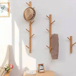 Wall Mounted Bamboo Modern Hooks Hat Rack para Sacos Lenços Roupas