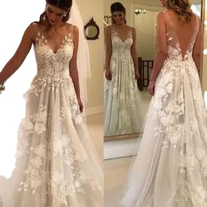 Boho deep v neck Wedding Dress A Line Floral Lace Appliques Illusion Low Back Fairy Bridal Gown 2022 vestidos de novia