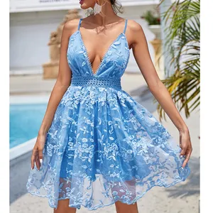 Mesh Embroidery Sleeveless Light Blue Dress Mini Backless Party Dress Spaghetti Strapped Mini Dress