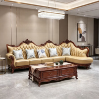 Canapé d'angle en forme de L en cuir véritable et bois massif sculpté à la main, style européen de luxe, couleur crème beige, meubles de salon