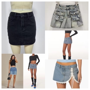 Summer Style Women's High Waist Denim <b>Skirt</b> Solid Color Casual A-Line <b>Mini</b> With Pockets <b>Pleated</b> Apparel Stock Bales - Product Image 4