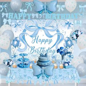 Decoraciones <span class=keywords><strong>de</strong></span> <span class=keywords><strong>Cumpleaños</strong></span> con Lazo Azul Coqueto <span class=keywords><strong>para</strong></span> Niñas y Mujeres, Pancarta <span class=keywords><strong>de</strong></span> Feliz <span class=keywords><strong>Cumpleaños</strong></span> en Azul Claro y Blanco, Globos, Mantel - Product Image 5