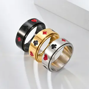 แหวนหมุนได้ทำจากสเตนเลสสตีลสำหรับผู้ชายลายไพ่โพดำหัวใจคลับแหวนเพชร