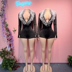 2026 सेक्सी फैशन फर पैचवर्क जंपसूट महिलाओं ठोस रंग गहरे v-गर्दन लंबी आस्तीन एक टुकड़ा रोपर्स - Product Image 6