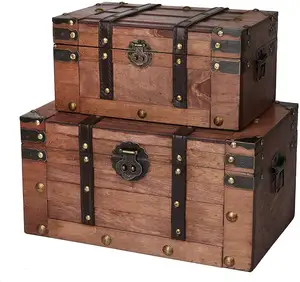 Kotak kemasan kayu besar antik buatan tangan dada harta karun antik ukuran kustom