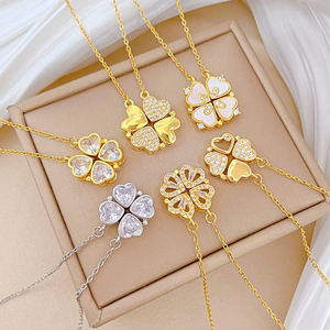 Kalung Hati Bersambung Trendy Liontin Semanggi Baja Titanium Berlapis Emas Rantai Link 2 Cara Pakai Perhiasan Kristal Penuh - Product Image 1